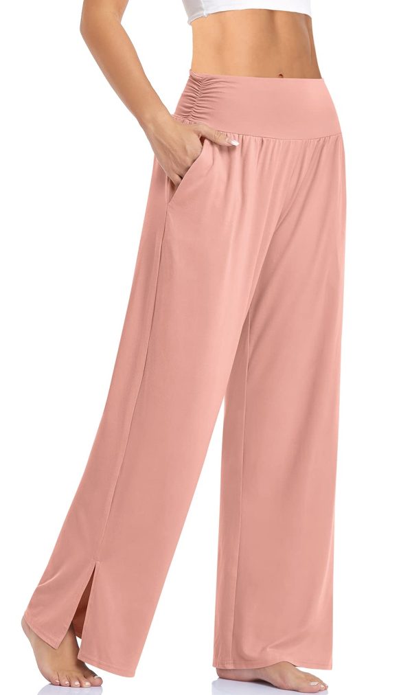 51C6qZKgThL.jpg Womens Wide Leg Yoga Pants High Waisted Side Slit Joggers Casual Loose Lounge Sweatpants with Pockets- 28" / 18" Inseam