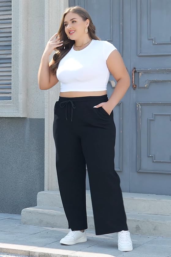Women's Plus Size Wide Leg Sweatpants Elastic Waist Baggy Drawstring Lounge Pants with Pockets
