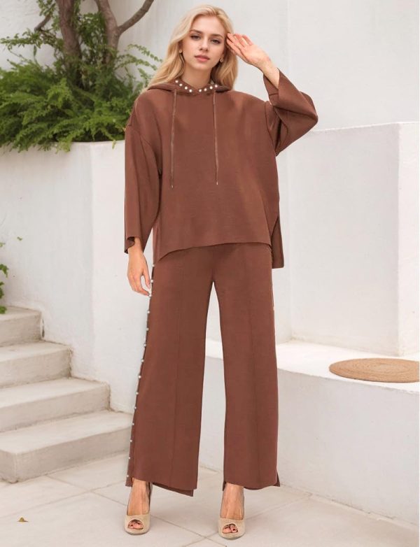 Women's 2 Piece Outfits Sweatsuit Sets Pearls Hoodie Top Wide Leg Pants Loose Lounge Set Tracksuits