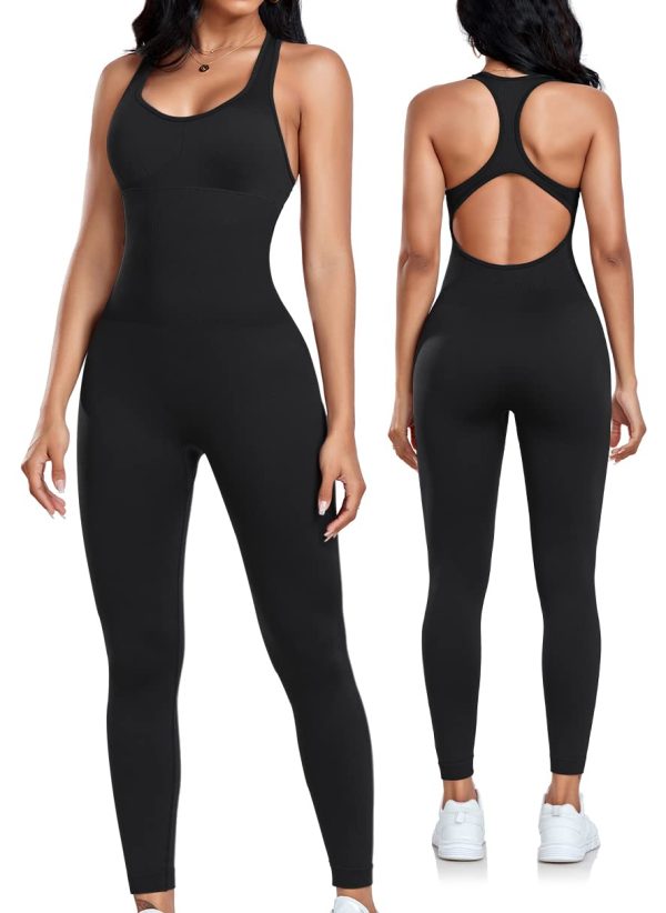 Womens Workout Jumpsuits Seamless Yoga Gym Bodycon Rompers Sexy Racerback Tummy Control Padded Bra Unitard