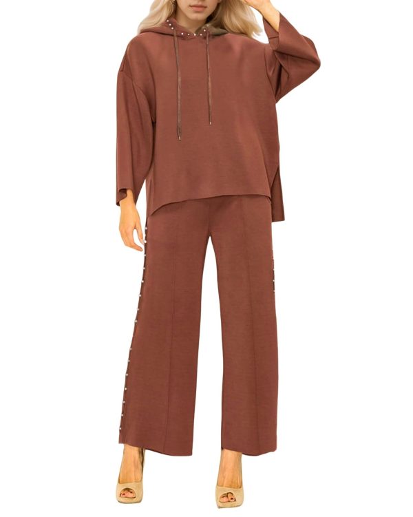 Women's 2 Piece Outfits Sweatsuit Sets Pearls Hoodie Top Wide Leg Pants Loose Lounge Set Tracksuits