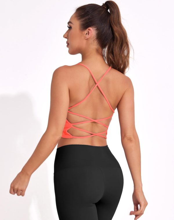 61Fa1qGcesL.jpg Strappy Sports Bras for Women High Support Longline Open Back Workout Tops Padded Cross Yoga Crop Tank Built in Bra