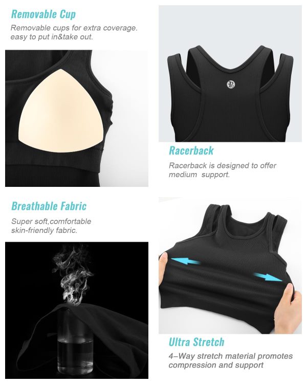 Sports Bras for Women High Impact Seamless Ribbed Longline High Neck Workout Crop Tank Tops Padded