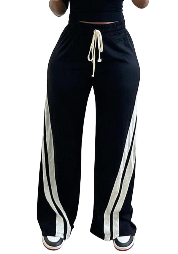 Women High Waist Wide Leg Sweatpants Straight Leg Elastic Waist Pants Casual Striped Pants with Drawstring