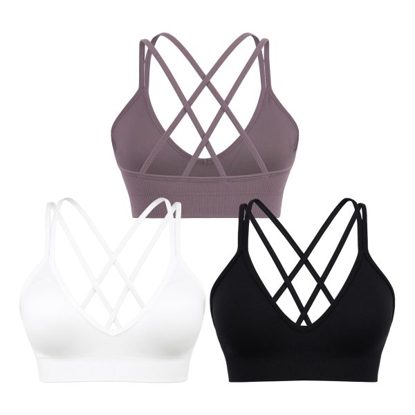 Sports Bra for Women V-Neck Strappy Criss Cross Yoga Bra Padded Seamless Workout Gym Athletic Fitness Bras 3 Pack