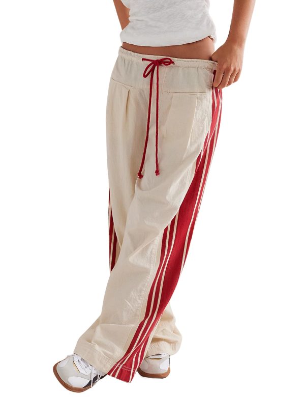 Women Side Striped Wide Leg Pants Color Block High Rise Drawstring Sweatpants Baggy Track Pants with Pockets