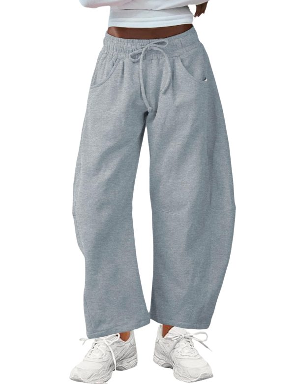 Women's Barrel Leg Sweatpant Drawstring Elastic Waisted Wide Leg Pants Casual Cotton Palazzo Trousers with Pockets