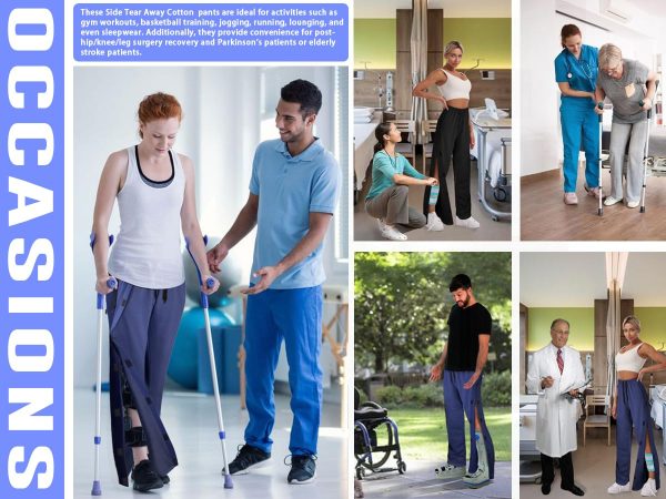 Unisex Tear Away Pants 2 Side Snaps Post Surgery Breakaway Pant Full Open Down Cotton Rip Off Pants for Hip Replacement
