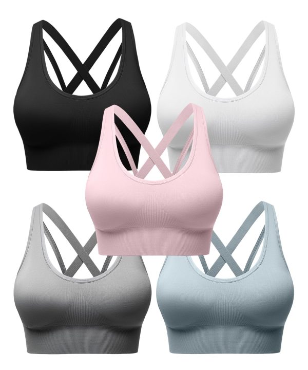 Strappy Sports Bras for Women, Scoop Neck Medium Support Yoga Bra Seamless Criss Cross Longline High Impact Workout Bras
