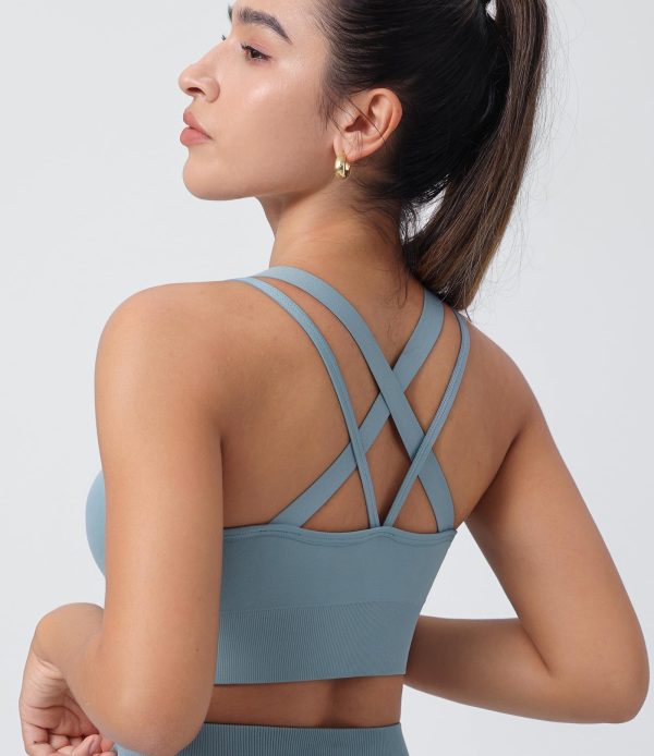 Strappy Sports Bras for Women, Scoop Neck Medium Support Yoga Bra Seamless Criss Cross Longline High Impact Workout Bras