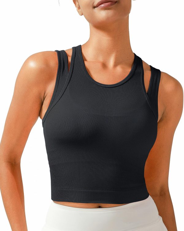 Sports Bras for Women High Impact Seamless Ribbed Longline High Neck Workout Crop Tank Tops Padded