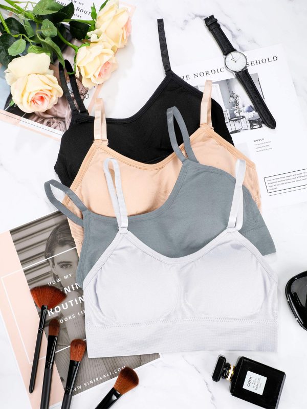 4 Pieces Neck Bralettes Wireless Cami Bra Tank Top Bra Sports Bra for Women Girls (Black, Brown, Army Green, White,Small)