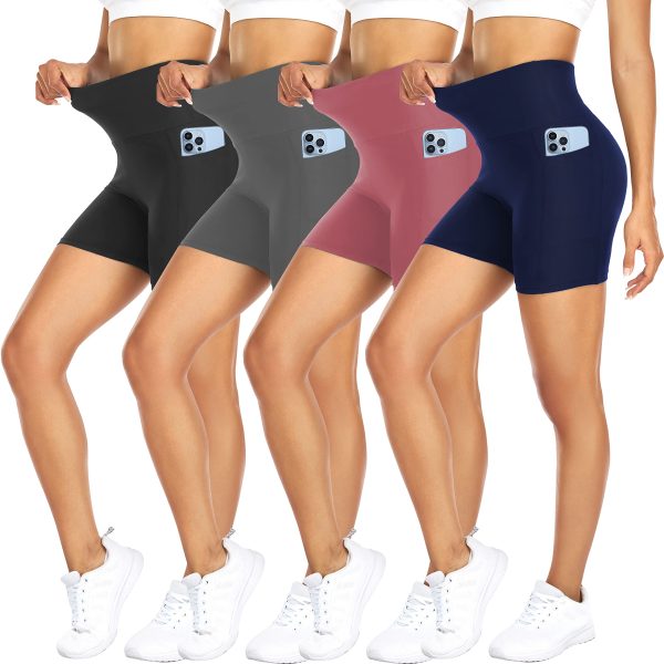 4 Pack Biker Shorts for Women with Pockets ?C 5" High Waisted Tummy Control Workout Yoga Running Gym Tennis Shorts