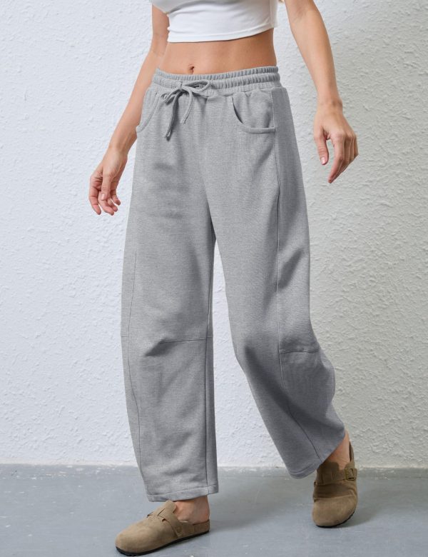 Women's Barrel Leg Sweatpant Drawstring Elastic Waisted Wide Leg Pants Casual Cotton Palazzo Trousers with Pockets